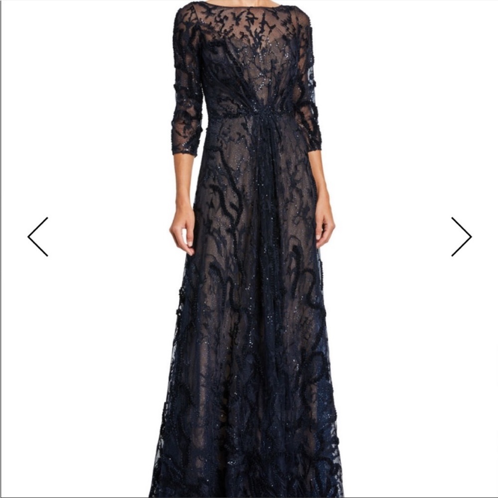 NWT Rene Ruiz Embellished Bateau-Neck 3/4 Sleeve A-Line Illusion Gown in Navy